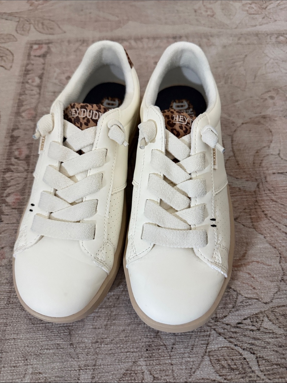 Hey Dude Karina Duo Classic Cream Sneakers with Leopard Trim, Size 8